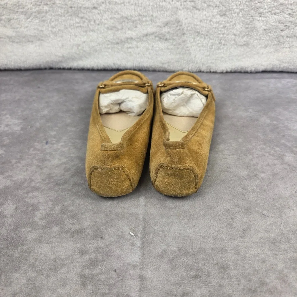 Michael Kors Tan Suede Leather Moccasin Flats Gold Logo Hardware Size 8M S2424